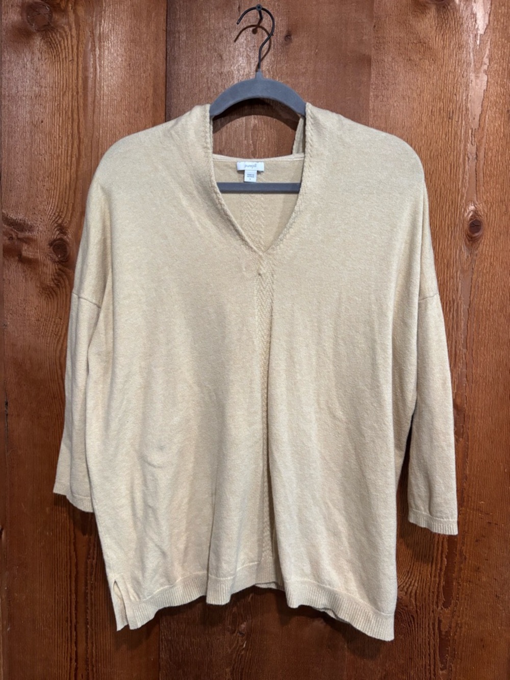 Pure Jill Beige Knit V-Neck Hooded Sweater Large Boxy
